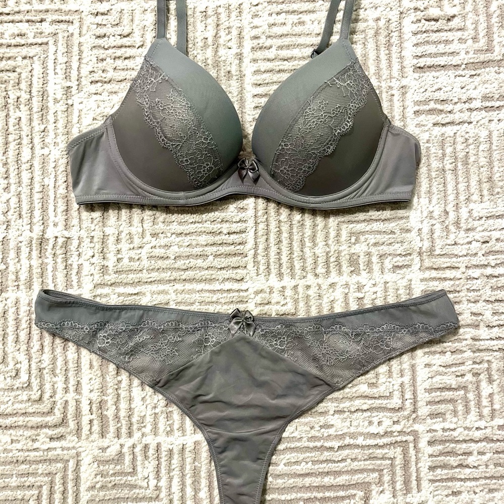 Like New: Adore Me Gray Silk Lace Bra and Thong Set (36B/XL Thong) (#5)
